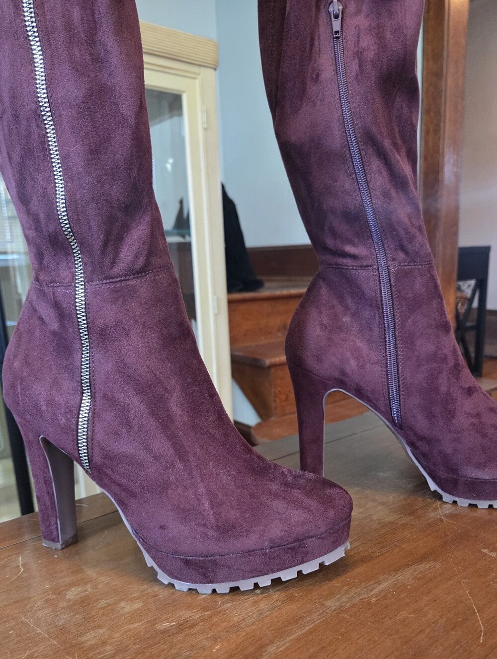 Oxblood Faux Suede Platform Heeled Over The Knee Boots - Picture 5 of 11